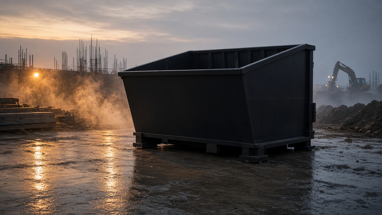 Matte black 30-yard roll-off dumpster staged on a dawn jobsite slab